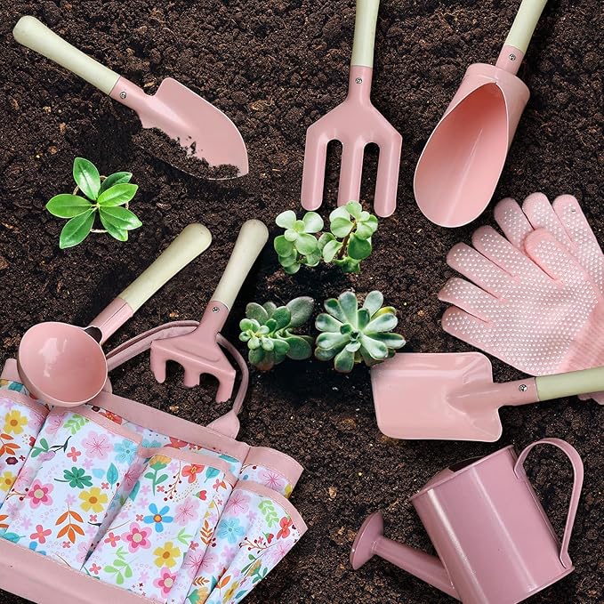 Kids Gardening Set 14Pcs Gardening Tools for Kids with Tote Bag,Watering Can, Shovel, Apron, Garden Book and More Educational STEM Learning Outdoor for Toddlers Boys Girls (Pink)