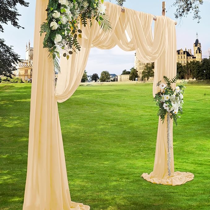 VACVELT Wedding Arch Draping Fabric Champagne Chiffon, 2 Panels Sheer Drapes 30 Inch x 20ft Chiffon Backdrop Curtain Decor, Outdoor Sheer Drapery for Ceremony Party Ceiling