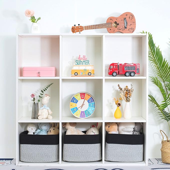 MINTWOOD Design 3-Pack Storage Baskets for Shelves, Playroom Classroom Storage Basket, Book Basket, Decorative Storage Cube Bins, Woven Closet Organizers, Pantry and Shoe Organizer, Black Light Grey