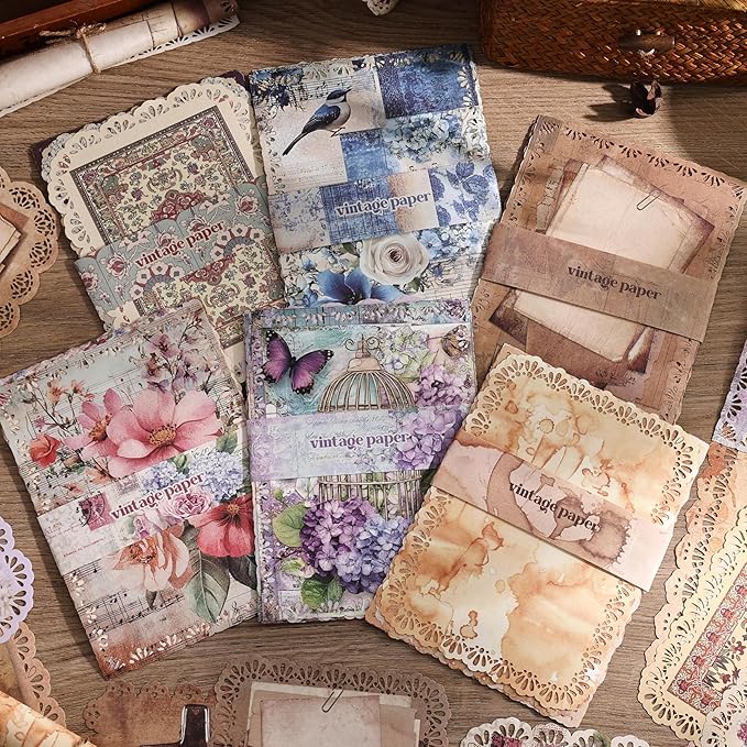 66 Sheets Lace Edged Scrapbook Paper Set, 6 Packs Vintage Decorative Paper Scrapbooking Supplies for Letter Writing Background Stationery Ephemera for Junk Journaling, DIY Art Collage 4.9x6.9 IN
