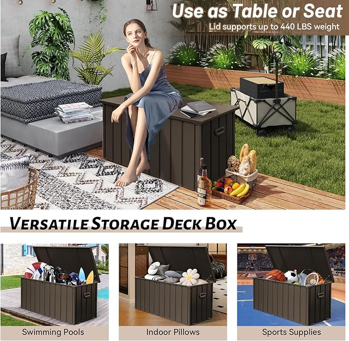 150 Gallon Large Outdoor Storage Box Metal, Waterproof Deck Box for Patio Cushion, Outside Storage Cabinet Rust/UV Resistant, Lockable Garden Tool Storage Bin for Porch Package Delivery, Brown