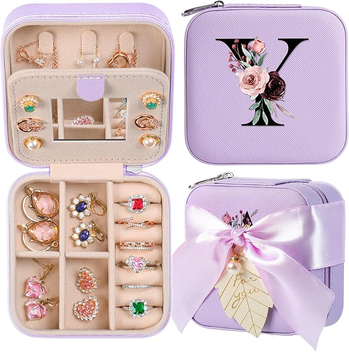 AYGXU Travel Jewelry Box for Women and Girls - Small Case With Initial A-Z - Teacher Gifts