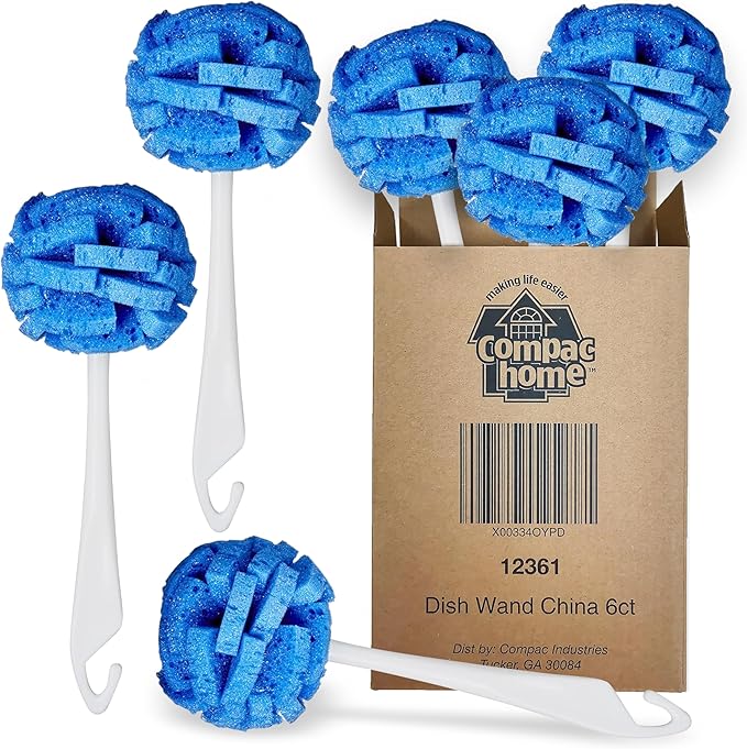 Compac Home Dish Wand China Scrubbing Sponge, Cleans Dishes and Glassware Effectively, Unique Round Ball Shape for All-Around Cleaning, Flexible Brushes are Gentle on Your Nice Dishes, 6 Count