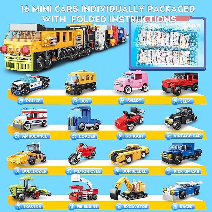 16 Pack Building Blocks Party Favors for Kids, 2 in 1 710pcs Creative Building Kits Mini City Vehicles include Police Car & Train, Christmas Toy Gifts Goodie Bag Fillers Stuffers for Boys Girls Kids