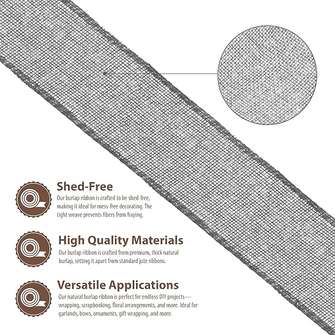 Mandala Crafts Gray Burlap Wired Ribbon 3 Inches Wide Jute Ribbons for Crafts - 10 Yds Roll Rustic Burlap Wrap Trim Ribbons for Wreaths Bows Party Decoration