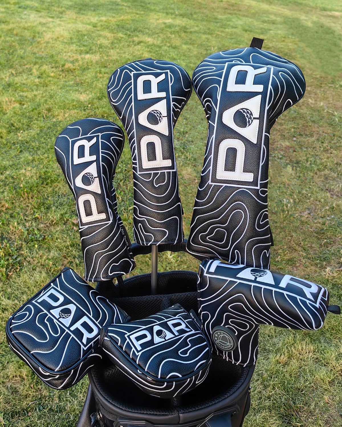 Big Teeth Golf Club Covers Full Set Driver Headcover Fairway Wood Hybrid Golf Club Iron Head Covers, Topographic Edition Putter Cover Leather Golf Head Covers Pure Black, Gifts for Men