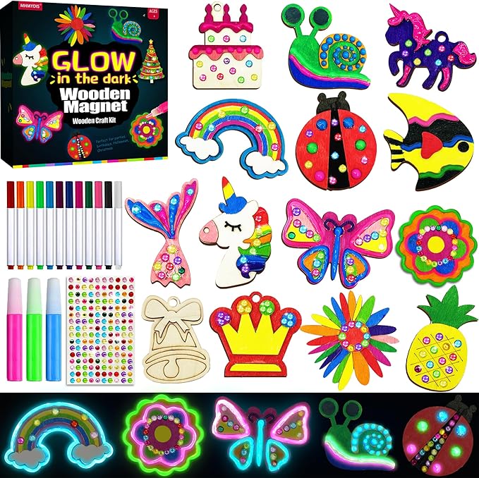 Wooden Magnets Painting Kit - Glow in The Dark - Arts & Crafts Supplies Painting Kit for Kids 4-8 8-12 - Family Crafts and Birthday Christmas Activities, Party Favors for Boys Girls Ages 4 5 6 7 8 9