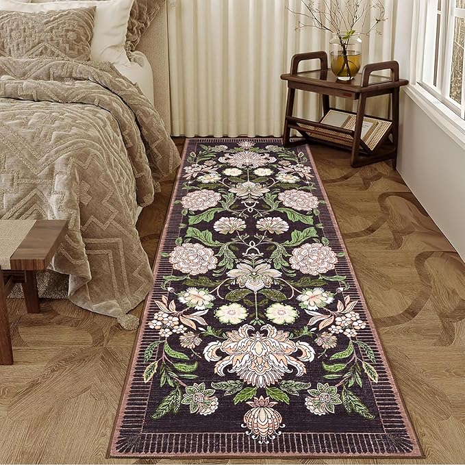 GarveeHome Plum Pink Floral Botanical 2x6 Washable Kitchen Runner Rugs Non Slip Black Purple Vintage Boho Cottage Long Rug for Hallways Bedroom Entryway Bathroom Mat with Rubber Back