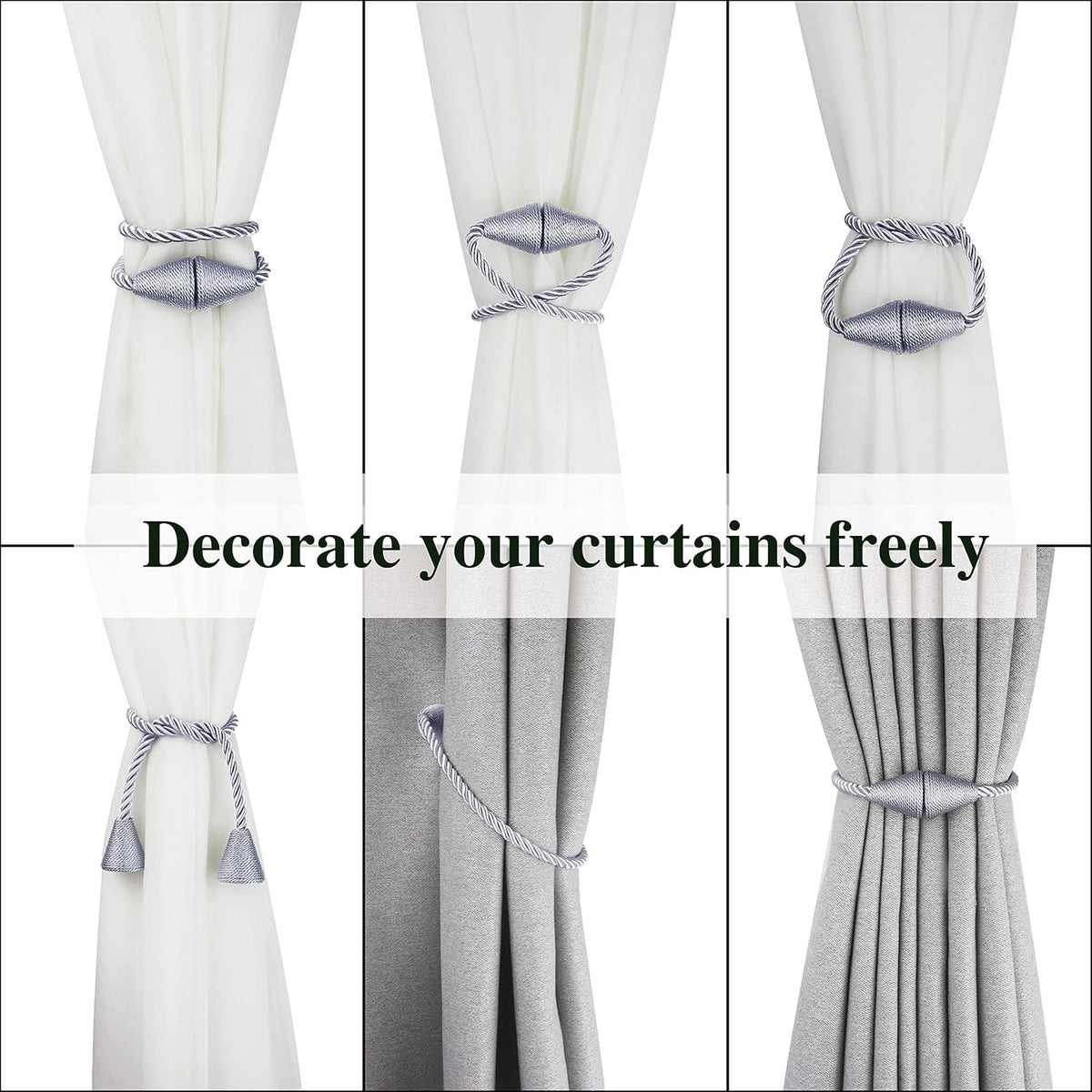 4 Pack Magnetic Curtain Tiebacks Rope Modern Handmade Curtain Tie Backs Decorative Drapes Weave Holdbacks for Window Décor, Grey