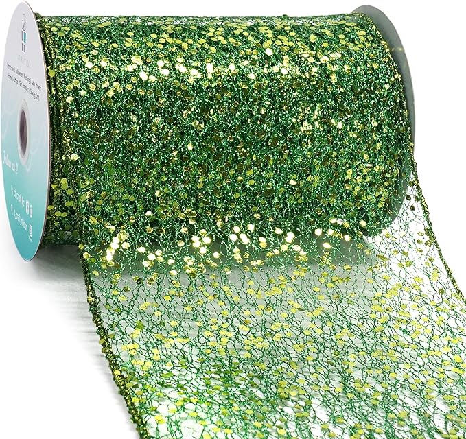 CT CRAFT LLC Sparkling Glitter Mesh Wired Ribbon 6" x 10 Yards Green for Christmas Home Decor Bow Gift Wrapping DIY Crafts Wreath