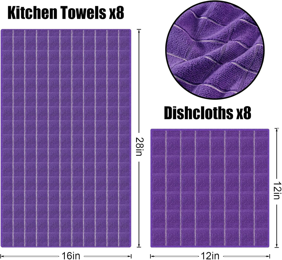 Homaxy Microfiber Kitchen Towels and Dishcloths Set, 16 Pack Soft and Absorbent Dish Hand Towels Bulk, 28 x 16 Inch & 12 x 12 Inch Quick Drying Rags for Washing Dishes, Purple