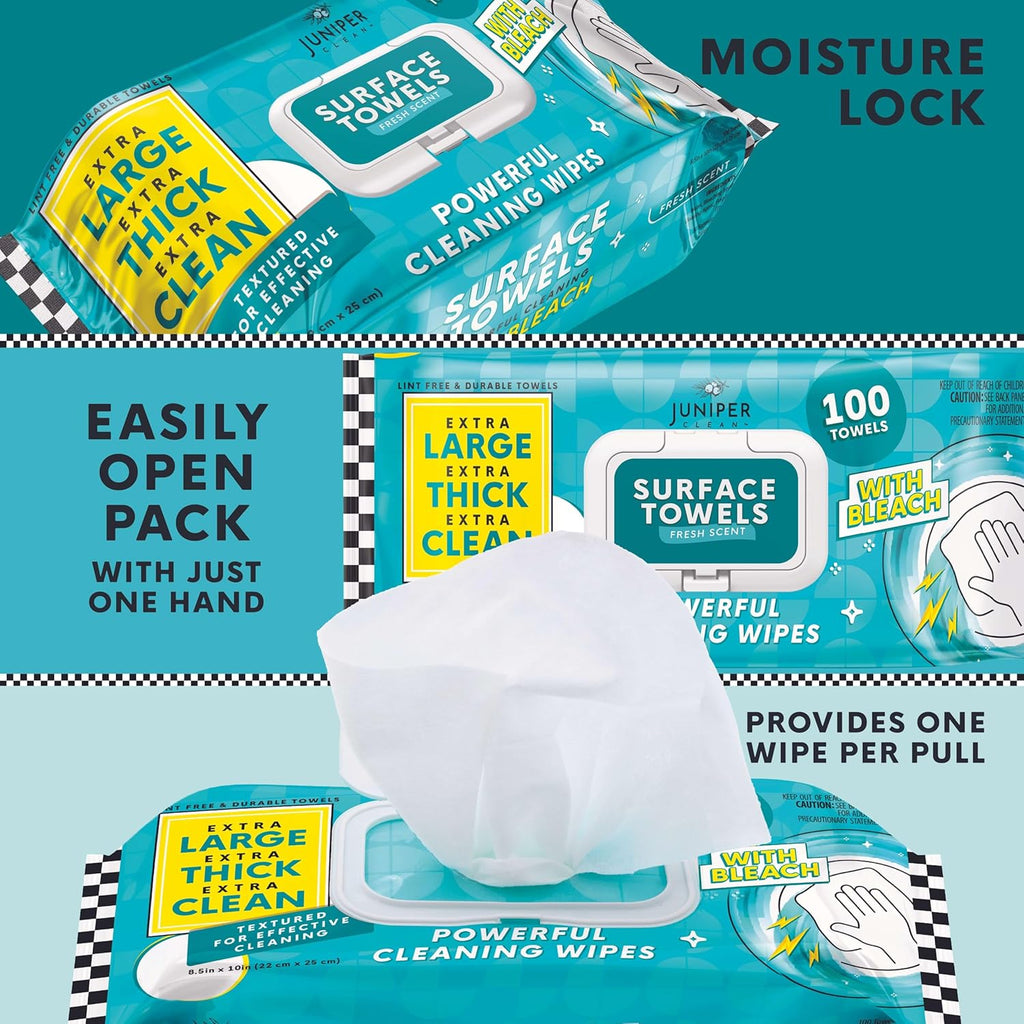 Single Surface Wipes with Bleach, Thick & Large Dispose, All-Purpose Cleaner for Bathroom, Kitchen, Office, 100 Count Soft Flow, Biodegradable, Fresh Scent