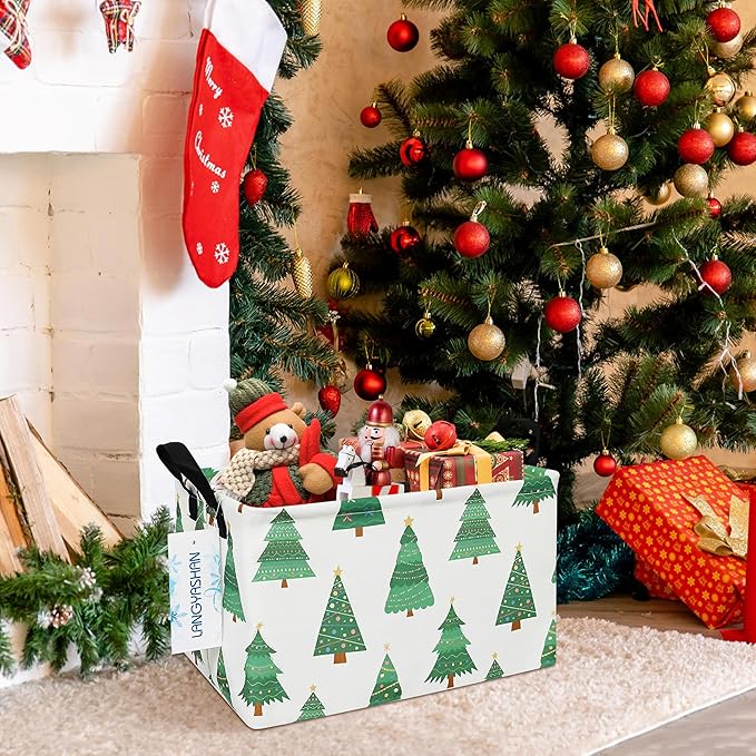 LANGYASHAN Rectangular Storage Bin Collapse Canvas Fabric Cartoon Storage Basket with Handles for Organizing Home Kitchen Boys and Girls Toys Office Closet Shelf Baskets (Rec christmas tree)