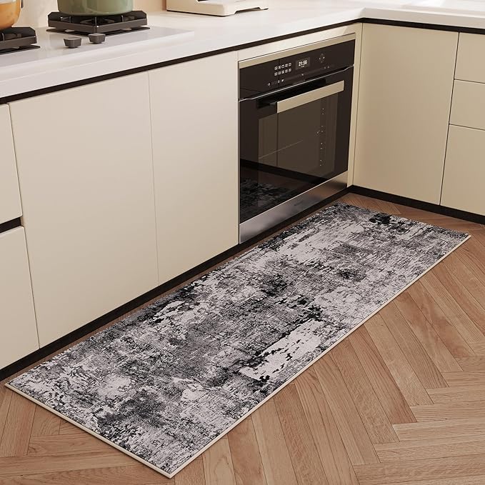 Runner Rug 2x6 Hallway Rugs Washable Boho Rug Soft Area Rug Abstract Pattern Non-Slip Faux Wool Vintage Rug for Kitchen, Entryway, Laundry, Bedroom, Grey and Black
