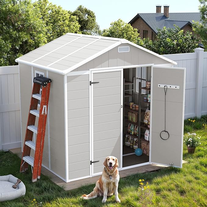 UDPATIO Resin Storage Shed 8 x 6 FT, Outdoor Garden Sheds with Floor Plastic Patio Outdoor Storage Shed with Lockable Door, Sandstone