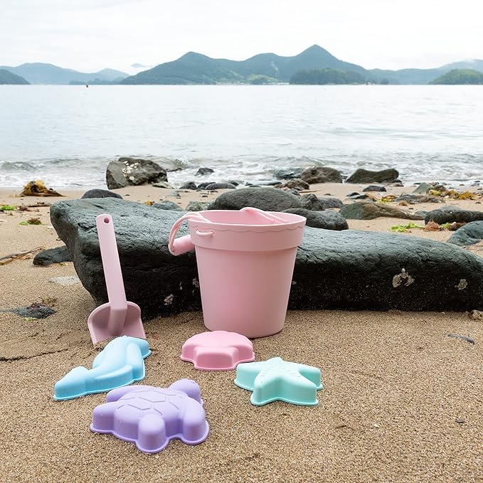 BLUE GINKGO Silicone Beach Toys - Modern Travel Friendly Set | Bucket, Shovel, 4 Sand Molds, Beach Bag | Sand Toys for Toddlers, Kids - Pink