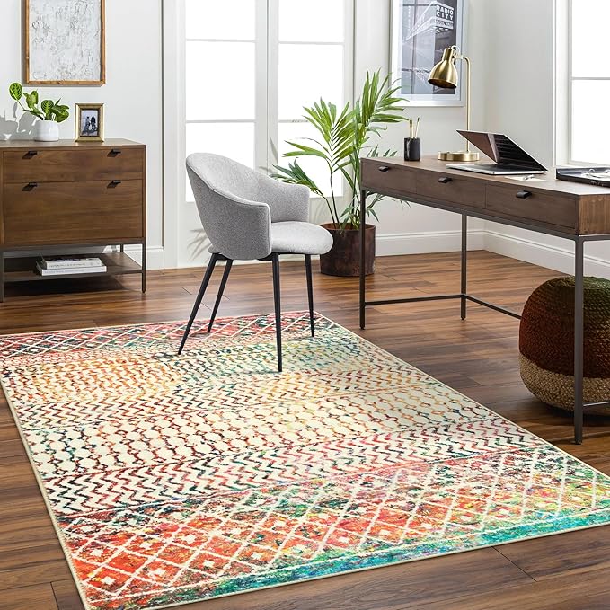 Moroccan Living Room Rugs, 5x7 Soft Bohemian Distressed Non-Slip Large Rug, Low Pile Washable Farmhouse Rug Indoor Floor Carpet for Bedroom Under Dining Table Home Office Decor