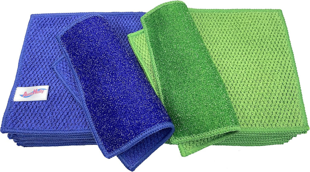 12 Pack Microfiber Scrub Dish Cleaning Cloth, Non-Scratch, Reusable & Durable for Pan Pot Dish Cooktop Stovetop Counter Kitchen Household, Machine Washable, 5.5 x 5.5 Inch, Blue & Green Assorted