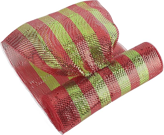MEEDEE Red and Lime Deco Mesh 10 Inch Deluxe Foil Metallic Striped Deco Mesh Wreath Supplies Red and Green Christmas Mesh Ribbon for Christmas Tree, Garland, Gift Wrapping, Bows Making (30 Feet)