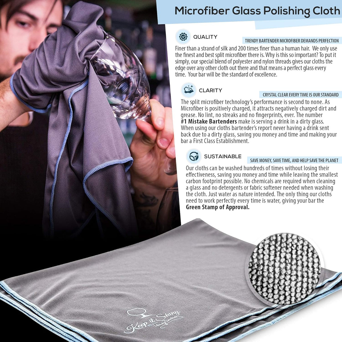 Trendy Bartender Toast to Perfection Microfiber Glass Polishing Lint-Free Cloth for Spotless Shine and a Residue-Free Finish - Pack of 2-25x20 inch - Grey