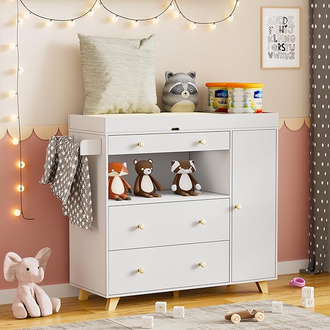 PAKASEPT Changing Table Modern Dresser with Wide Table Top, 3 Drawers, White Drawer Dresser