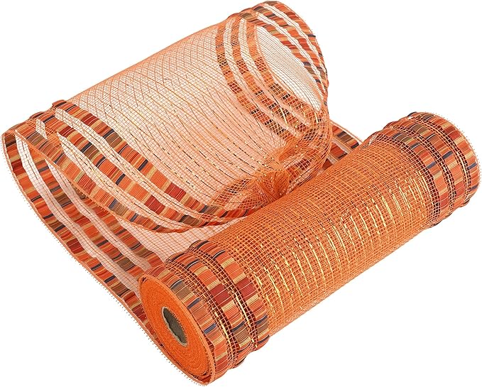 MEEDEE Orange Mesh 10 Inch Ruffle Patterned Metallic Mesh Ribbon Fall Colors, Ideal for Wreaths, Garland, Christmas Tree, Gift Wrapping, Bows Making (30 Feet)