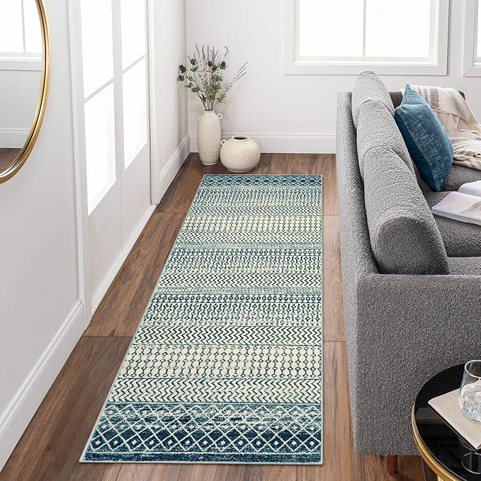 Moroccan Kitchen Runner Rug, 2x6 Non Slip Vintage Blue Rug for Kitchen Floor, Soft Low-Pile Washable Laundry Room Rug Indoor Floor Throw Carpet for Doorway Hallway Bedside Bathroom