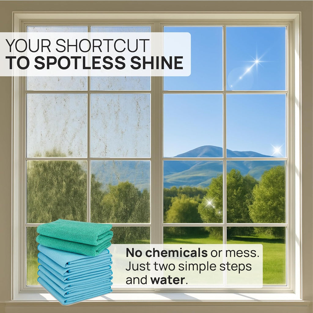 Claro 2 Step Glass Cleaning Cloth 8-Pack – Green Wet & Blue Dry Microfiber Towels Cleaning for Windows, Mirrors & Glass - Streak and Lint Free Cloth for Home, TV, Shower - Machine Washable