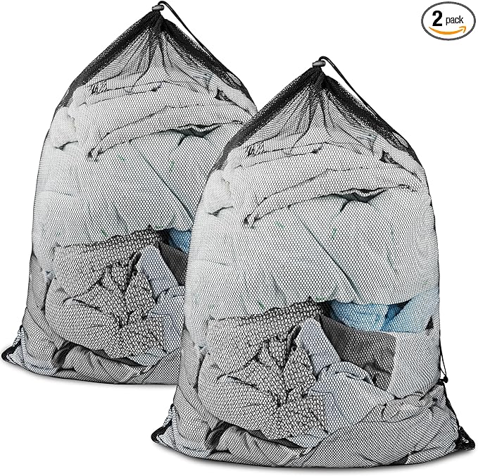 2 Pack Mesh Laundry Bags, Large Travel Laundry Washing Bags for Dirty Clothes Storage, 24" X 36" Washable Heavy Duty Laundry Net Bag With Drawstring for College Dorm, Hamper, Room, Laundromat (Black)