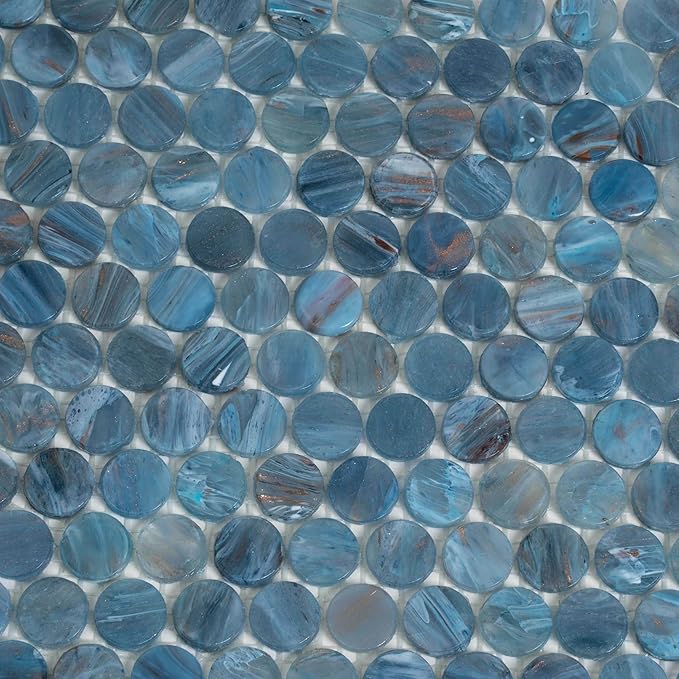 Denim Blue Penny Round Mosaic Glass Tile – Sample Swatch- 4"x5" - Luxurious Design for Bathroom Walls, Kitchen Backsplash, Shower Walls - Elegant Wall Decor - NOT Peel and Stick Tile