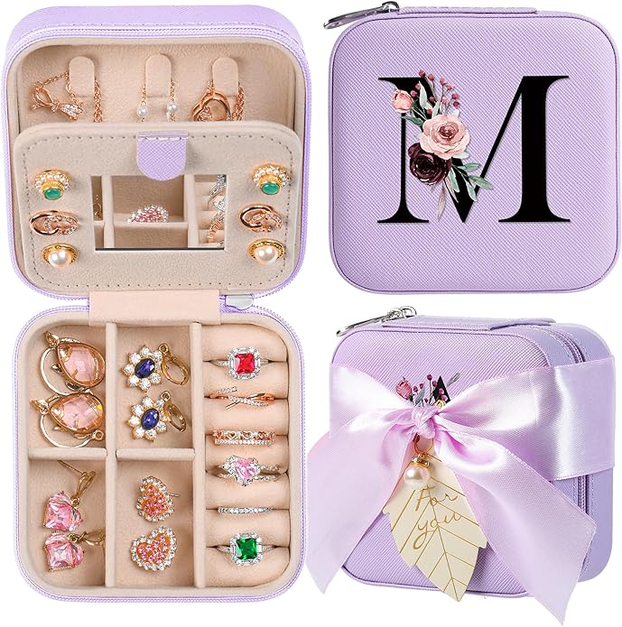 AYGXU Travel Jewelry Box for Women and Girls - Small Case With Initial A-Z - Teacher Gifts