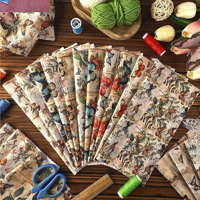 Ganeen 60 Pcs 10 x 10 Inch Vintage Butterfly Quilting Fabric Squares Summer Butterfly Fabric Bundle Retro Fat Patchwork Precut Stripes for Handmade Material Sewing DIY Crafts