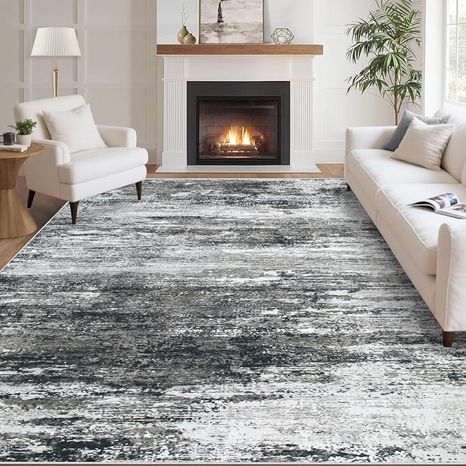 Washable Rug 5x7 Area Rugs for Living Room: Neutral Soft Rug Abstract Non Slip Low Pile Modern Carpet for Bedroom Kitchen Nursery Office Dining Room Indoor (Black, 5'x7')