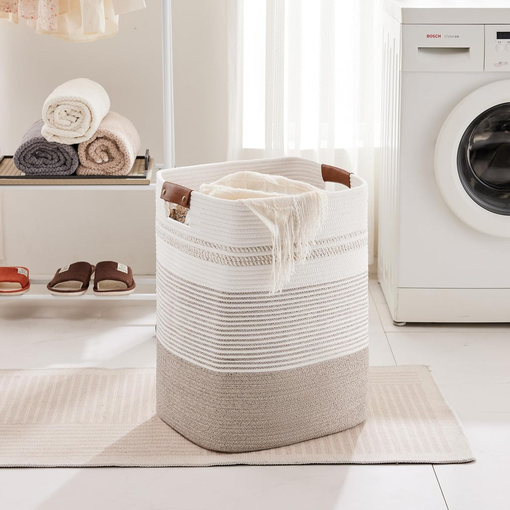 85L Tall Laundry Hamper with Handles for Living Room Storage, Extra Large Woven Rope Baskets Bin for Blanket, Kids Toy, Gifts, Wicker Hamper for Bedroom Dirty Clothes, 17"x14"x22" White Brown