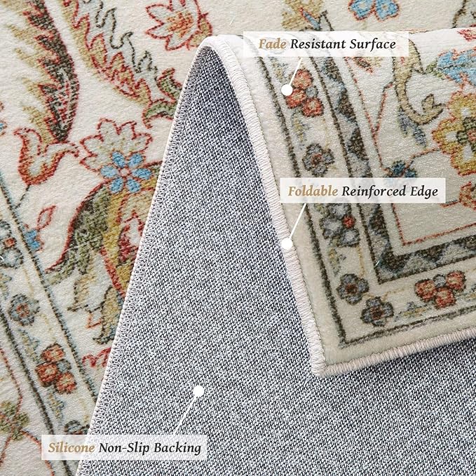 Washable 6x9 Area Rugs for Living Room, BoHo Non-slip Silicone Backing Large Rug for Bedroom Dining Room Nursery Office, 0.3" Neutral Oriental Throw Carpet with 0.16" Cushioning Pad, Light Beige/Multi