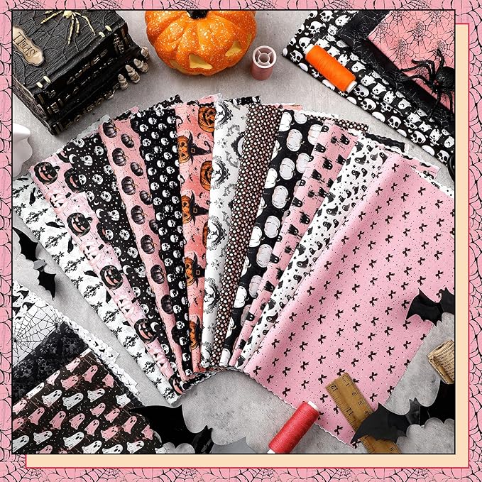 Ganeen 60 Pcs 10 x 10 Inch Pink Halloween Quilting Fabric Squares Vintage Pink Ghost Fat Patchwork Precut Strips Retro Pumpkin Skull Fabric Bundles for Holiday DIY Craft Sewing Quilt Material Handmade