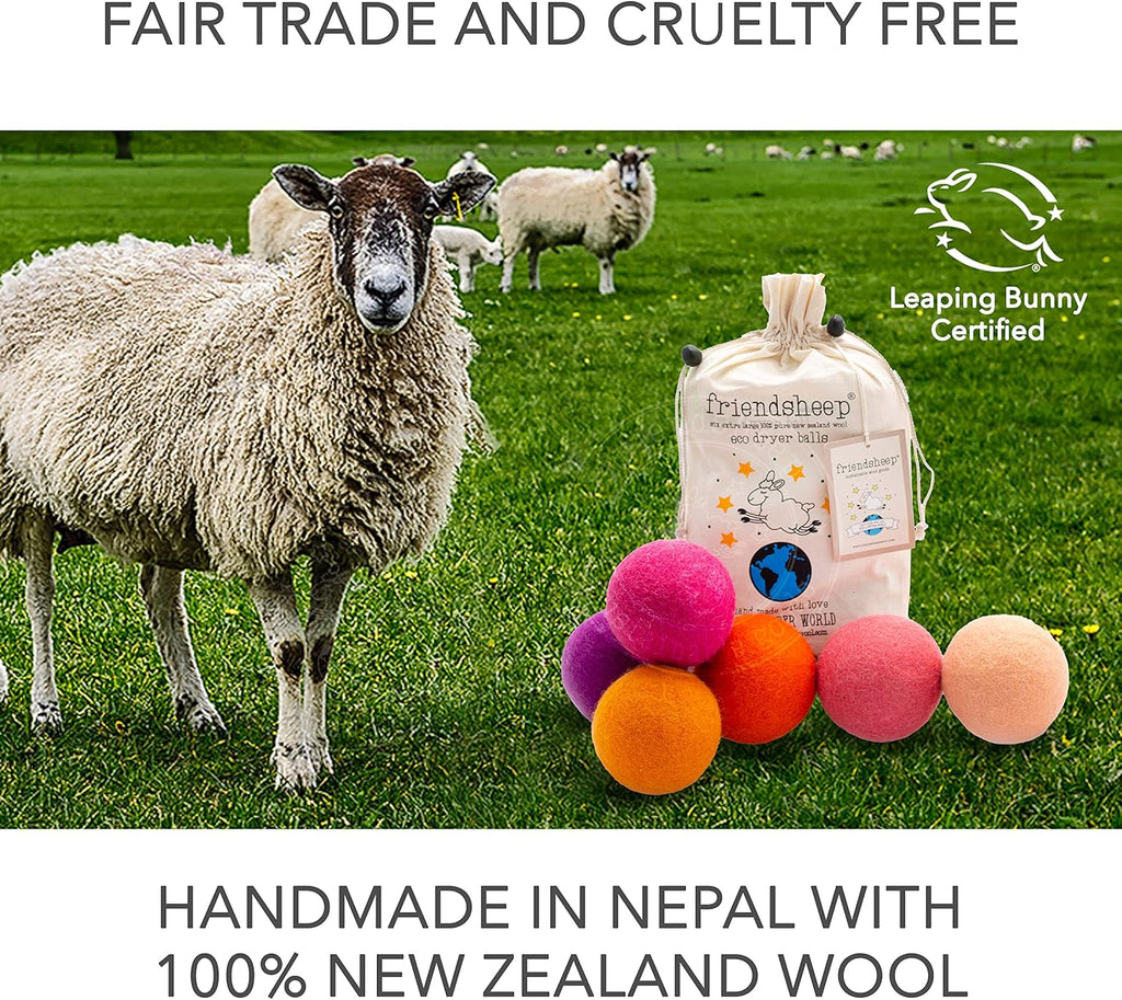 Friendsheep Wool Dryer Balls, Organic Reusable Fabric Softener Alternative for Laundry, Handmade, Fair Trade, Hypoallergenic, Eco-Friendly, Plastic-Free (6 Pack XL - Tropical Sunset)