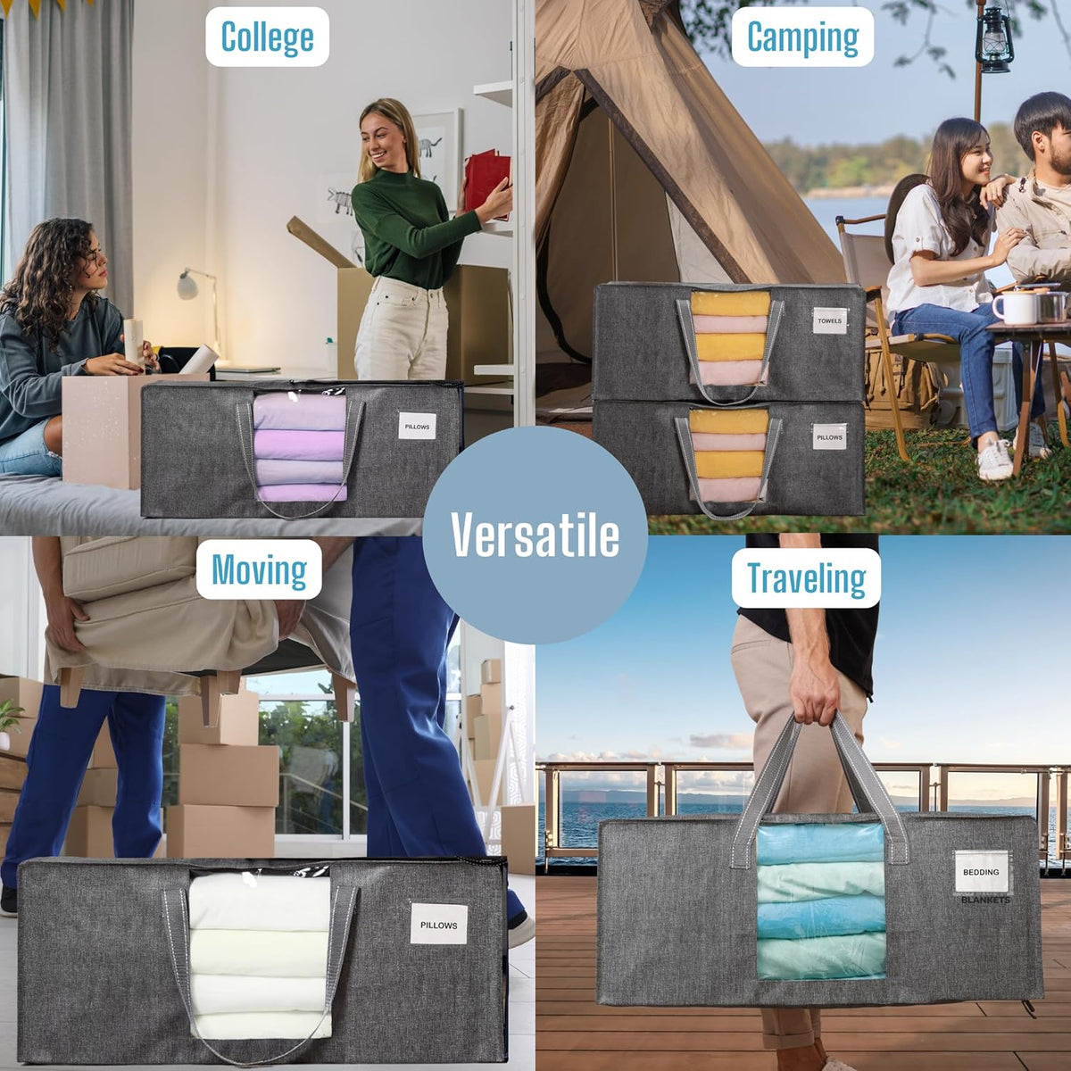 VENO 6 Pack Moving Bags Extra Large Storage Bags for College Move-In, Heavy-Duty Storage Totes, Packing Boxes, and Wardrobe Moving Supplies - Durable Laundry Bags for Clothes (Gray w/Window, 6 Pack)
