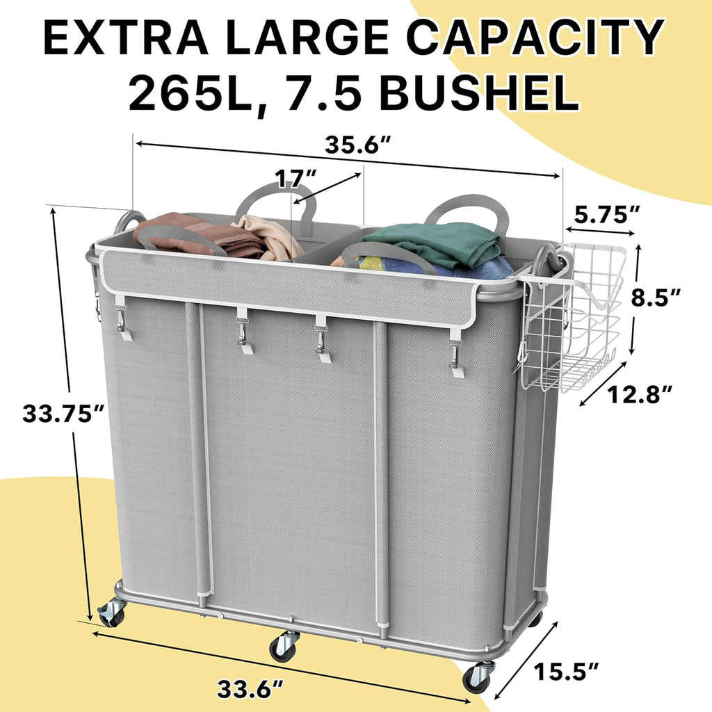 Simple Houseware Extra Large Rolling Laundry Cart – Heavy Duty Hamper with 2 Removable Bags & 6 Smooth Wheels – Commercial Laundry Organizer for Home, Hotel, Dorm, Gym, Gray