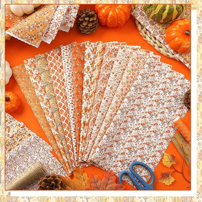 Ganeen 60 Pcs 10 x 10 Inch Fall Quilting Fabric Squares Thanksgiving Fat Patchwork Precut Strips Retro Pumpkin Maple Leaf Bundles for Harvest Autumn Holiday DIY Craft Sewing Quilt Material Handmade