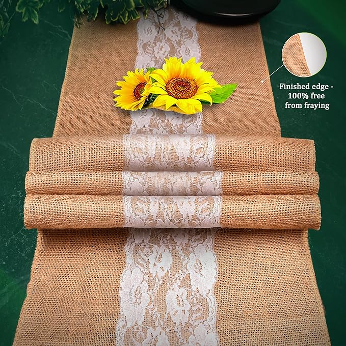 Burlap Lace Table Runner (Pack of 3) – 14”x 72” - No-Fray Finished Edge Natural Table Runner – No Odor, Eco-Friendly Burlap Runner - Perfect for Christmas, Wedding, Thanksgiving