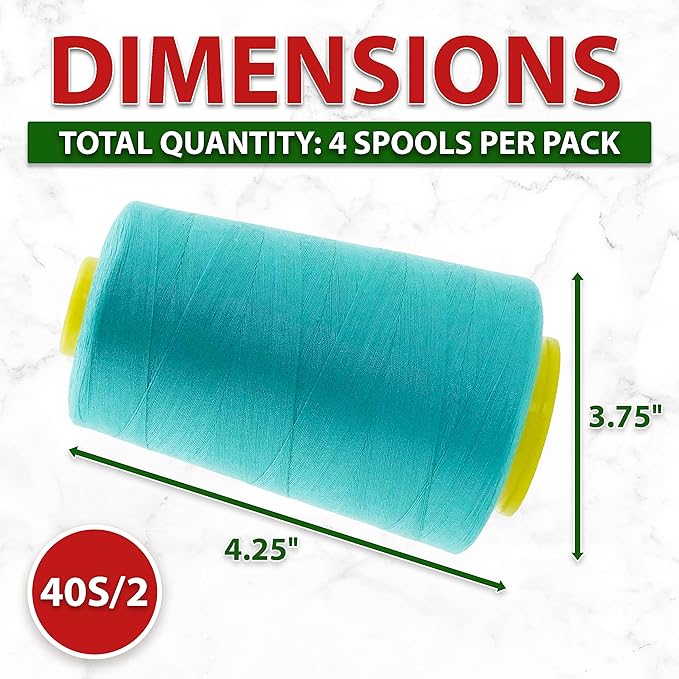 Mandala Crafts 4 Pack of Serger Threads Cones Spools - 40S/2 24000 Yards Polyester Turquoise Threads for Sergers Machine and Overlock Quilting Sewing Machine