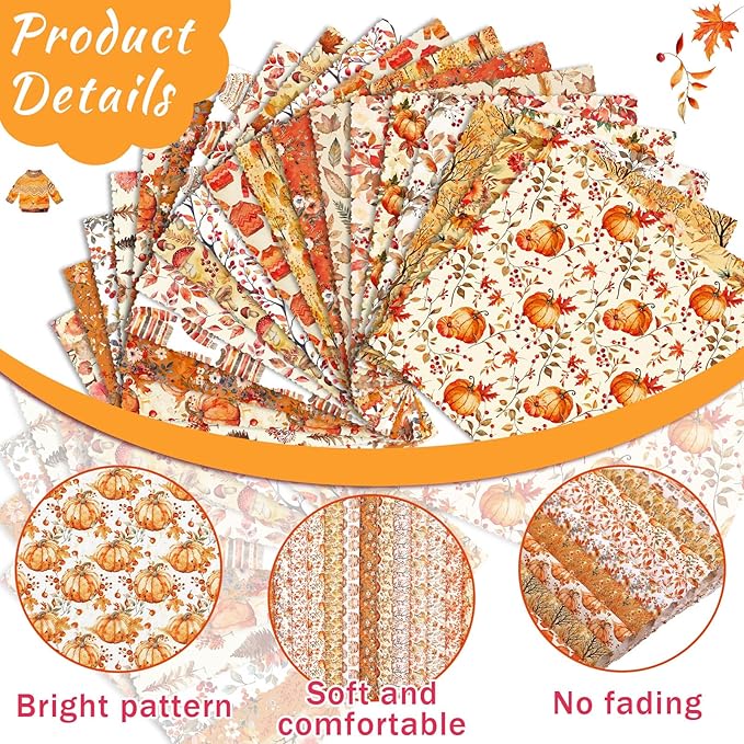 Ganeen 60 Pcs 10 x 10 Inch Fall Quilting Fabric Squares Thanksgiving Fat Patchwork Precut Strips Retro Pumpkin Maple Leaf Bundles for Harvest Autumn Holiday DIY Craft Sewing Quilt Material Handmade