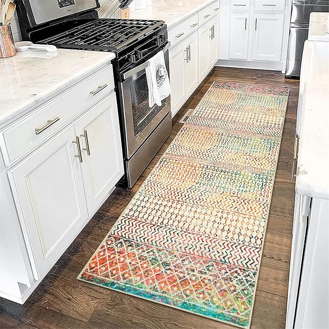 Moroccan Hallway Runner Rug 2x6, Ultra Soft Non Slip Bathroom Runner Rug, Low-Pile Washable Hallway Rug Front Door Mat Neutral Rug for Bathroom Laundry Room Bedroom