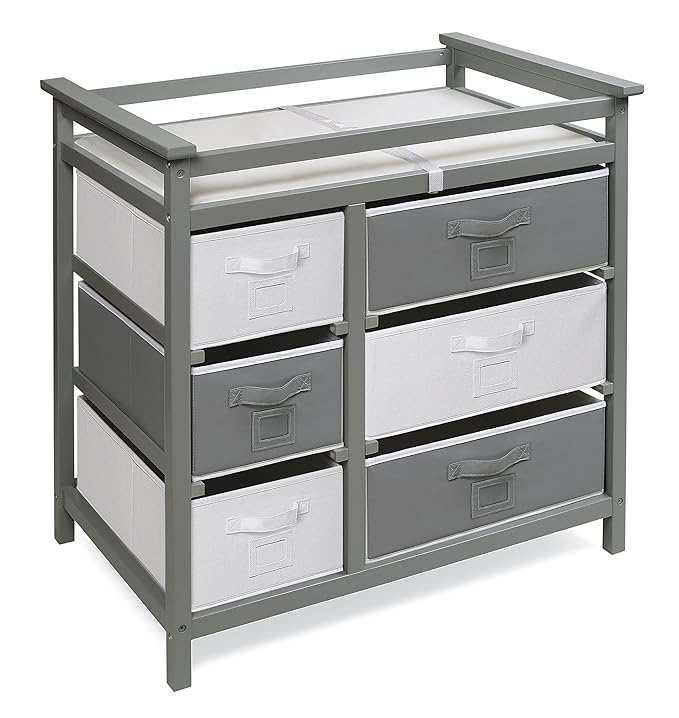 Badger Basket Modern Baby Changing Table - Diaper Station Organizer with 6 Storage Drawers, Reversible Baskets, Safety Rails - Baby Nursery Furniture with Changing Pad and Belt - Gray