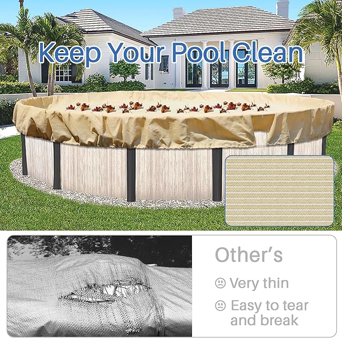 ECOOPTS Round Pool Cover for Above Ground Pools, Swimming Pool Cover Protector Winter Safety Cover (15 ft, Beige)