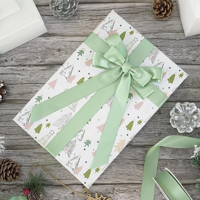 HUIHUANG Sage Satin Ribbon - 1 inch Light Sage Green Double Face Silk Satin Ribbon for Wedding Decor, Crafts, Gift Wrapping, Bows, Bridal, Floral, Bouquet, Invitation Card, Baby Shower, Party