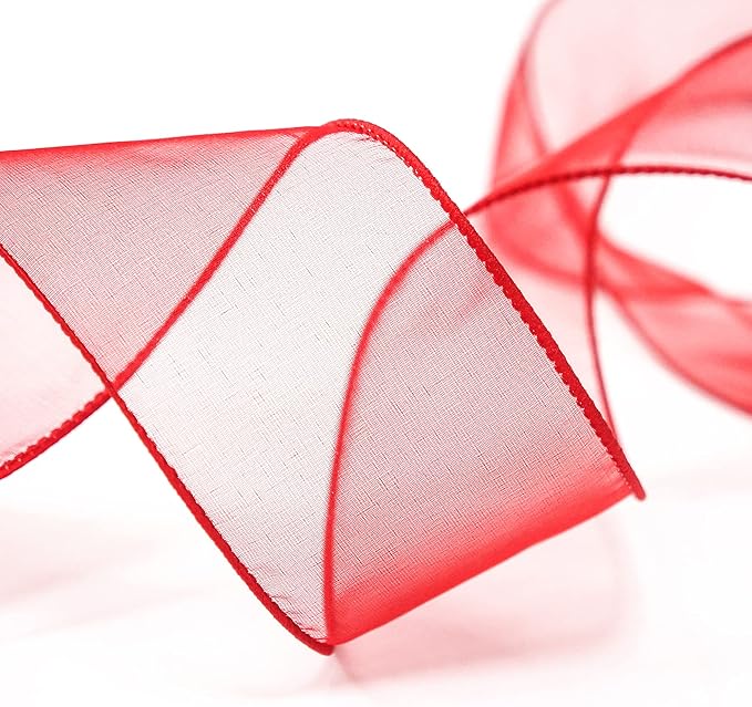 CT CRAFT LLC Sheer Organza Wired Ribbon 2.5" x 50Yards Red for Wedding Chair Bow Flora Bouquet Gift Wrapping Christmas Tree Home Decor Wreath