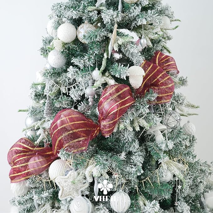 MEEDEE Burgundy and Gold Deco Mesh 10 Inch Metallic Striped Deco Mesh Christmas Mesh Ribbon for Christmas Tree, Wreaths, Garland, Gift Wrapping, Bows Making (30 Feet)