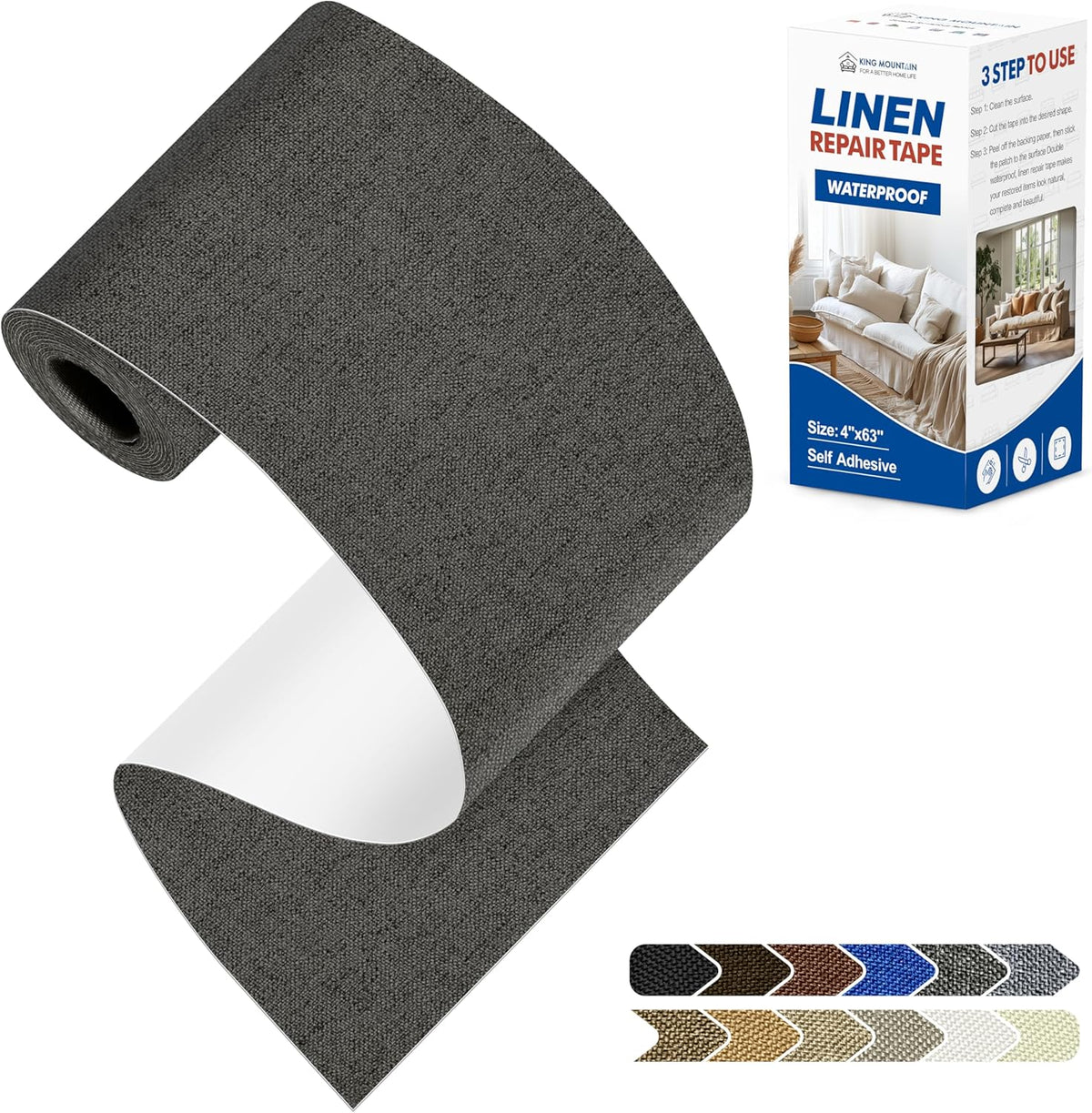 KING MOUNTAIN Linen Repair Patches, Self-Adhesive Fabric Patches, 4 X 63 inch Extra Size, Multi Color, Can be Used for Sofa Repair and Linen Clothes Repair (Dark Grey)